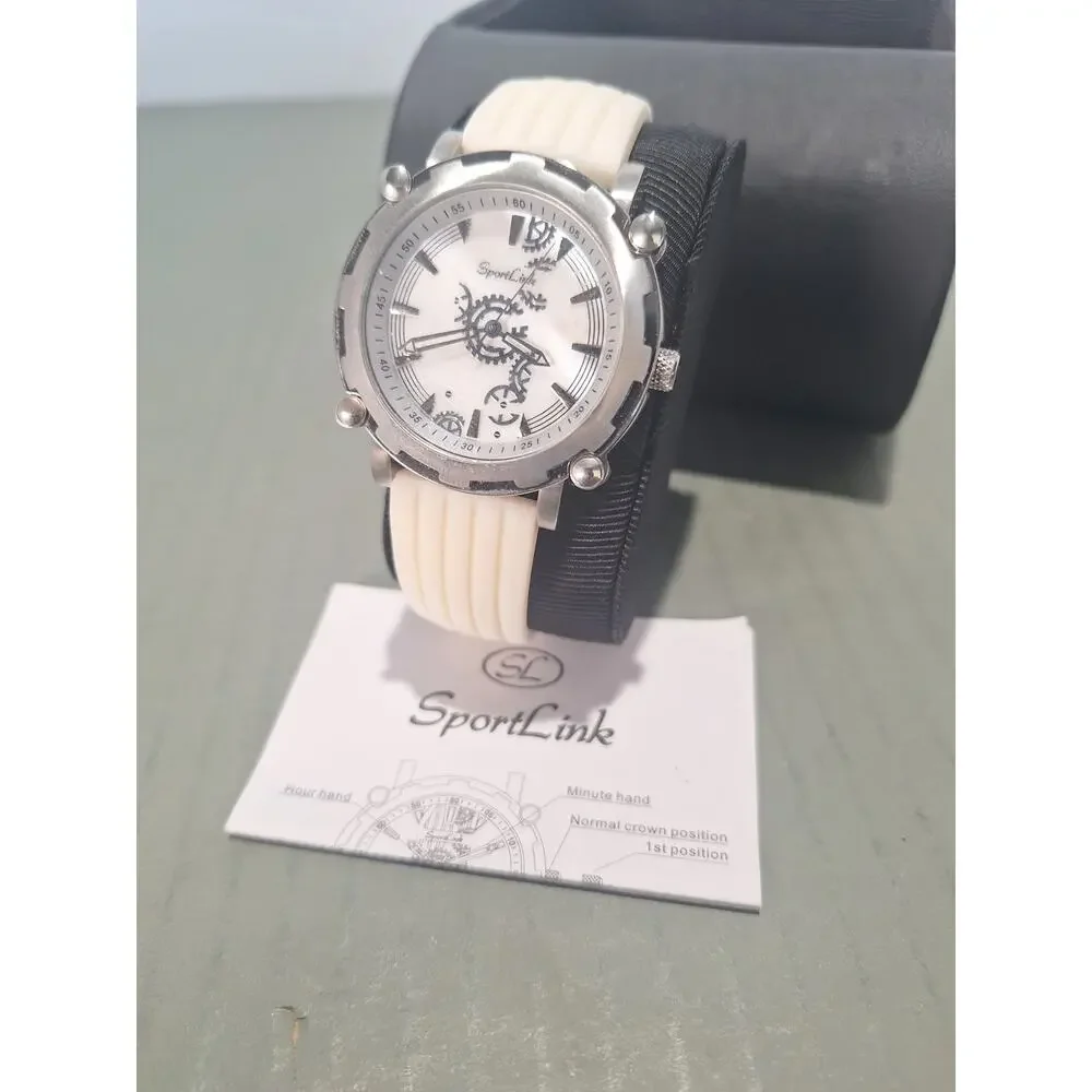 SportLink Skeleton Gear Watch White Band Analog Quartz Mens w/ Box & Manual NIB